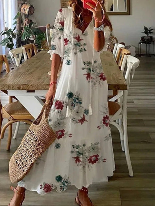 Andrea - Robe Imprimée Vintage Boho à Col V